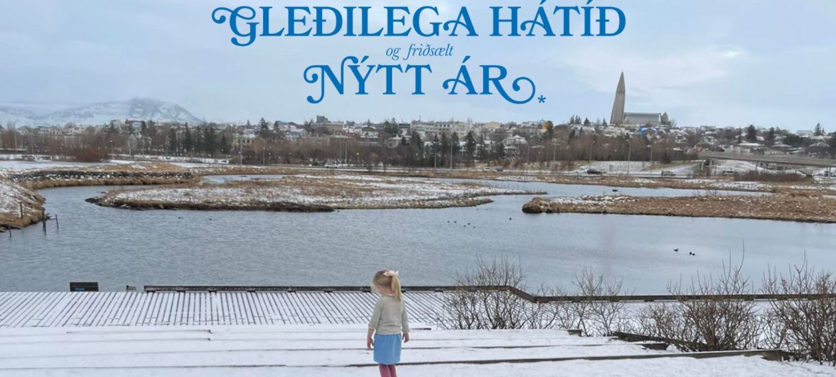 little girl walks in the snow and frost infront of a pond. In the distance you see a big church.